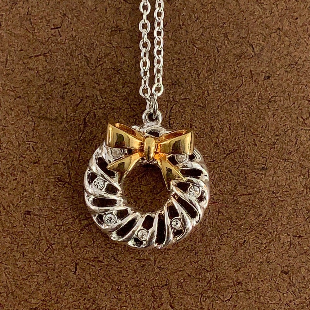 Charming Charlie Women's Silver Tone Wreath Gold Tone Bow Rhinestone Necklace